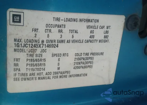 1999 Chevrolet Cavalier z USA, uszkodzony, nr VIN 1G1JC1245X7146924